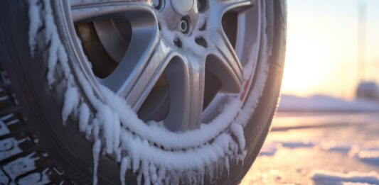 Auto s letnými pneumatikami jazdiace na zasneženej zimnej ceste.