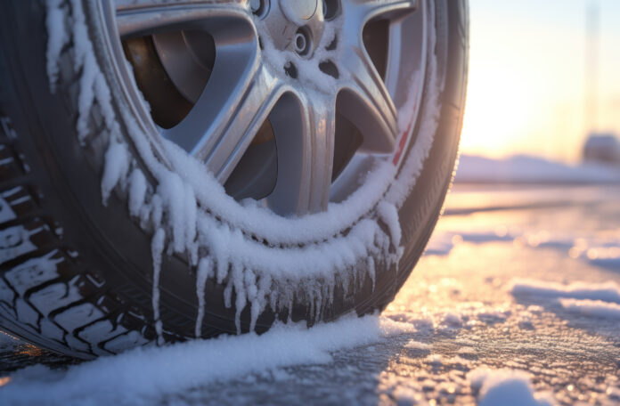 Auto s letnými pneumatikami jazdiace na zasneženej zimnej ceste.