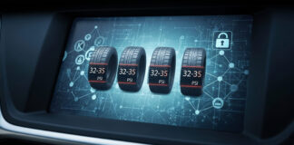 Zimná pneumatika so snehovými reťazami a systémom TPMS na kontrolu tlaku.
