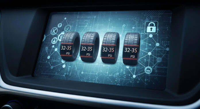 snímače tlaku pneumatík Zimná pneumatika so snehovými reťazami a systémom TPMS na kontrolu tlaku.