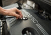 Automechanik kontroluje hladinu motorového oleja pomocou mierky pri otvorenej kapote vozidla.